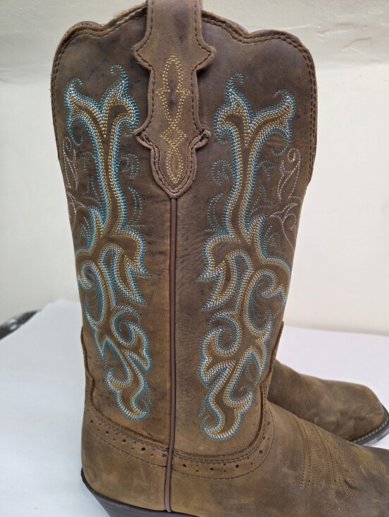 Justin Boots Brown Leather Western Cowboy Boots Embroidered Square Toe  8.5B